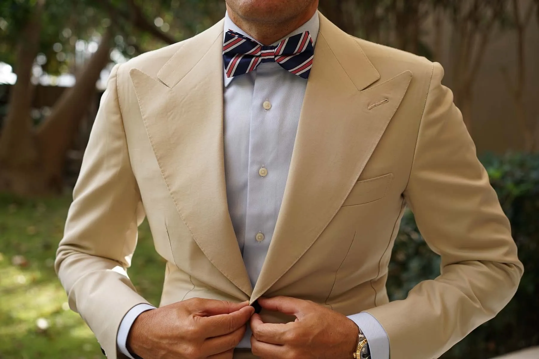 Navy Blue Bow Tie with Red Stripes