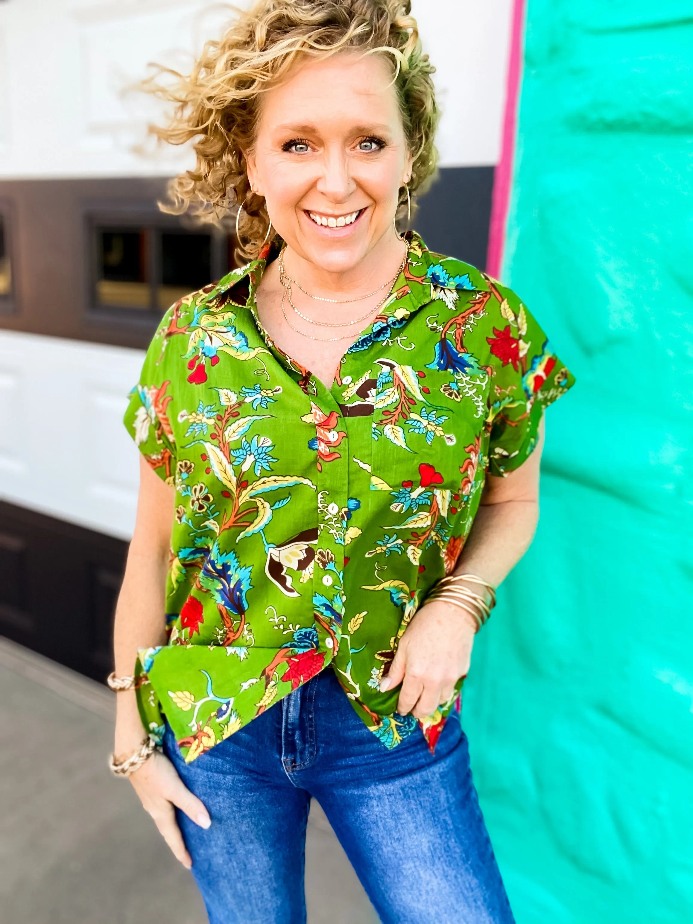 Olive Green Floral Button Down