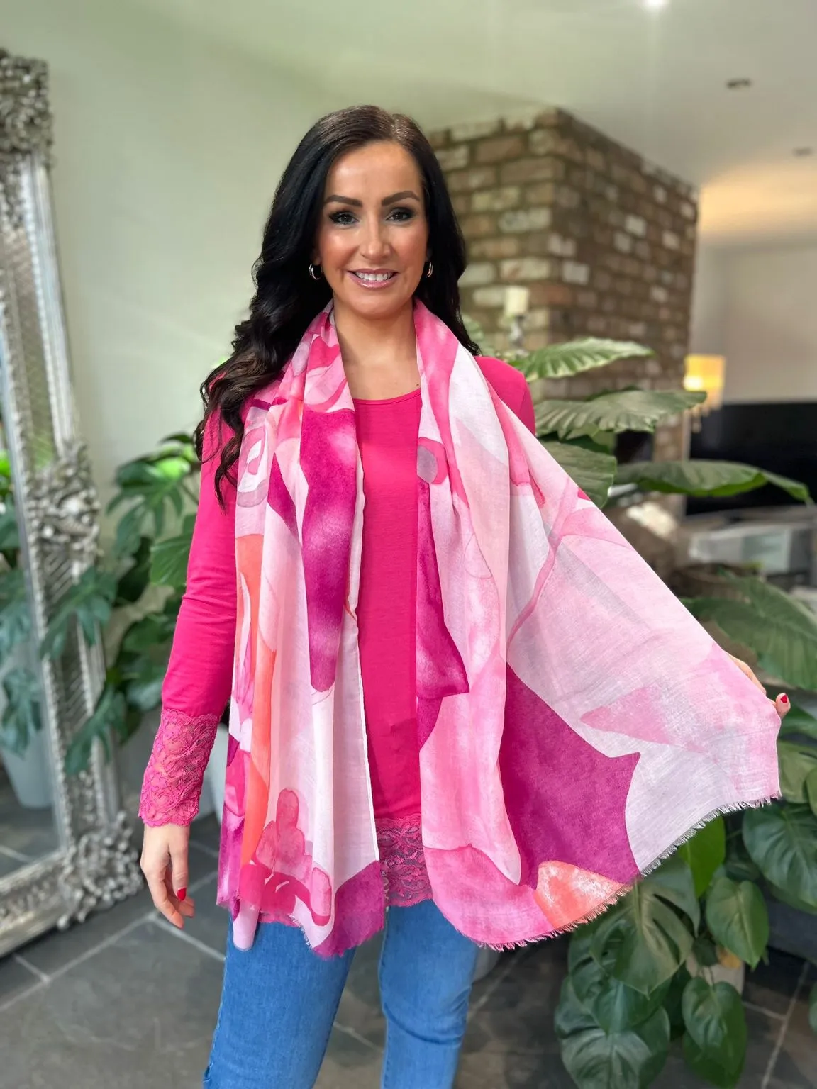 Pink Abstract Flower Print Scarf