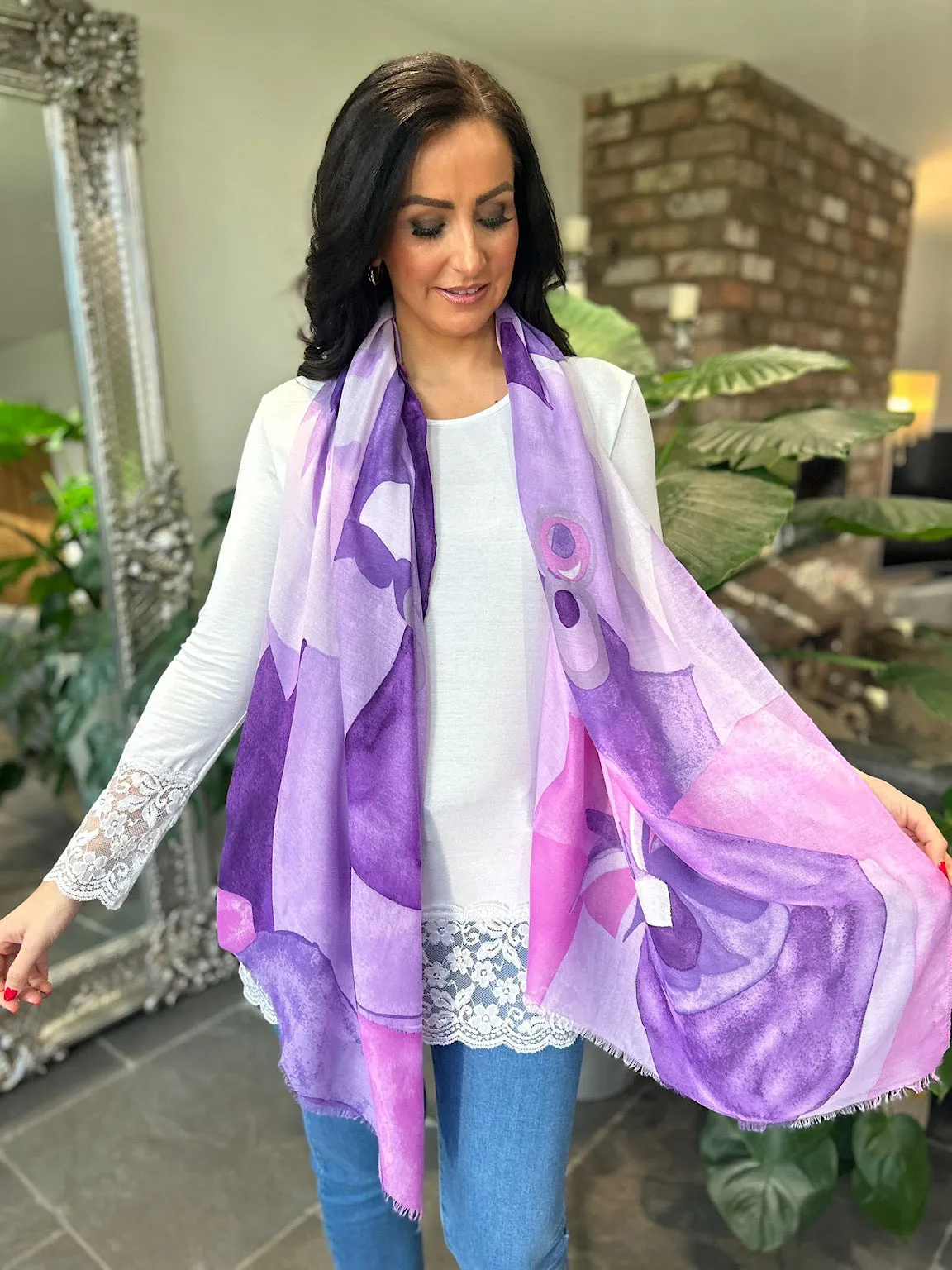 Purple Abstract Flower Print Scarf