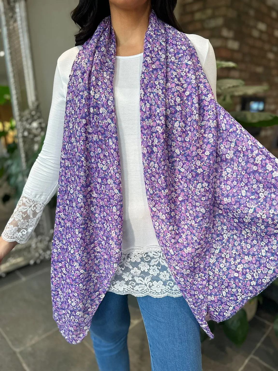 Purple Ditsy Floral Gold Fleck Scarf