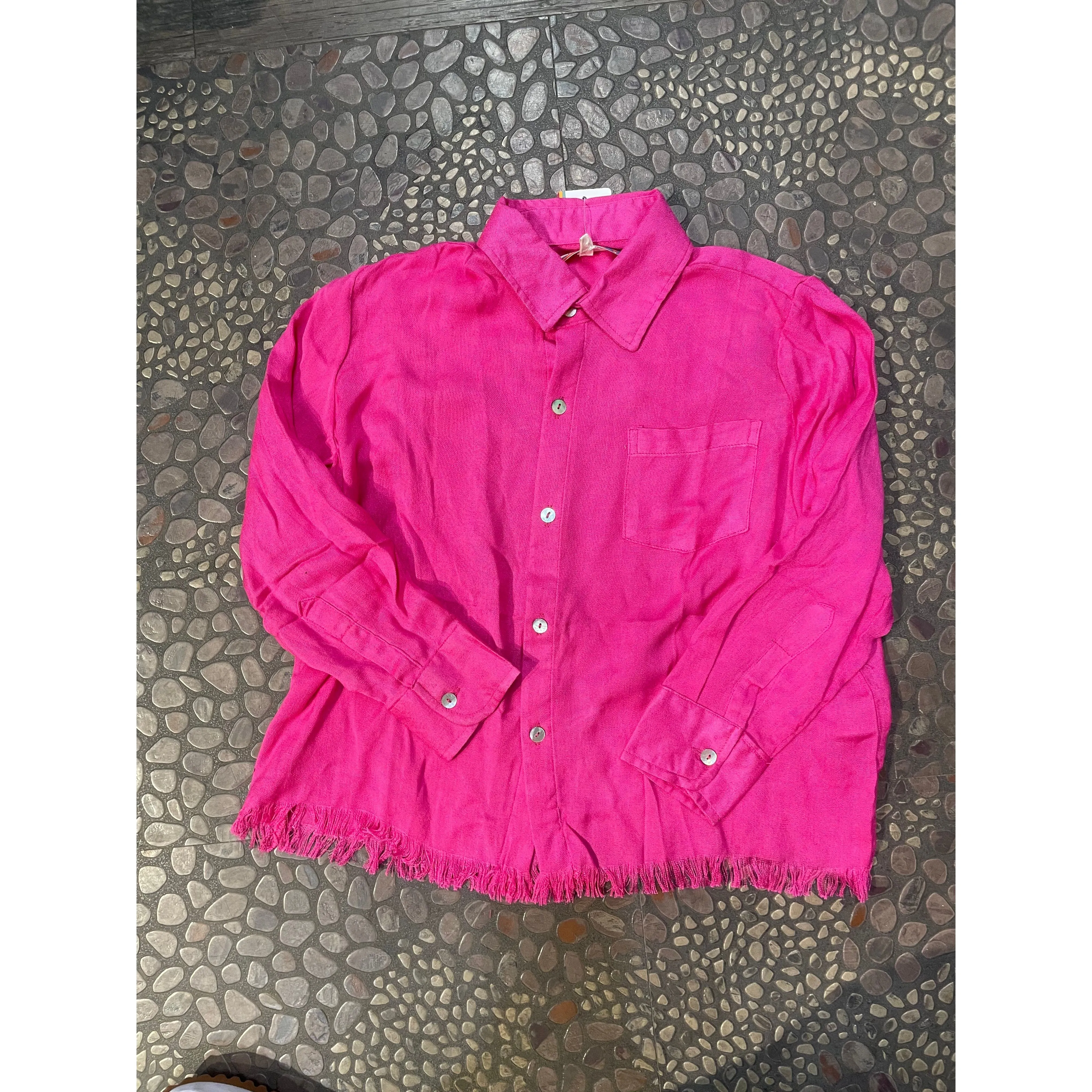 raw edge pink button down