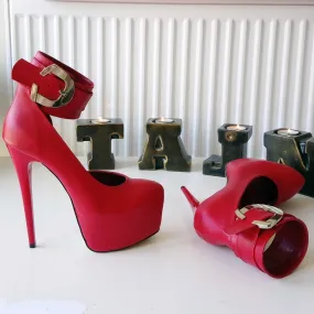 Red Belted Ankle Strap Platform Shoes