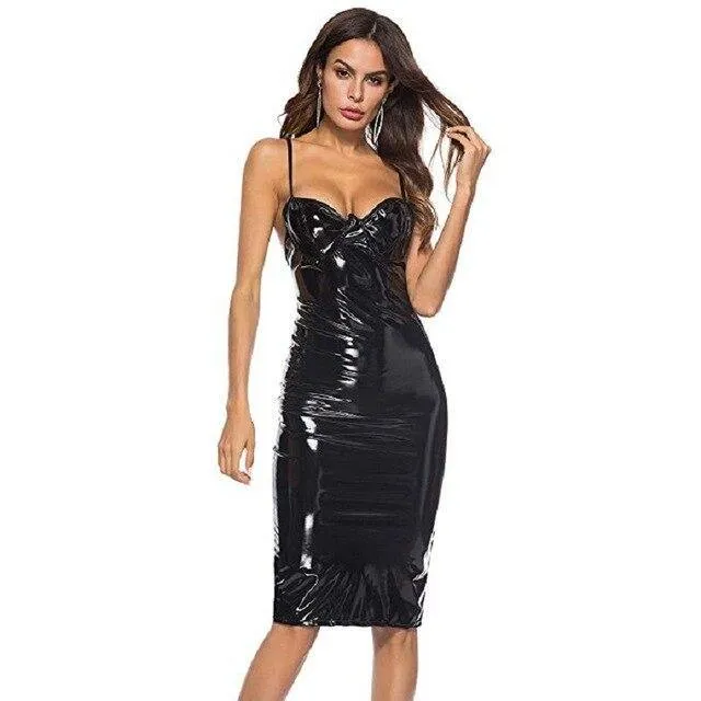 Rock the Night with our Black PU Wet Look Leather Bodycon Dress for Nightclub Parties