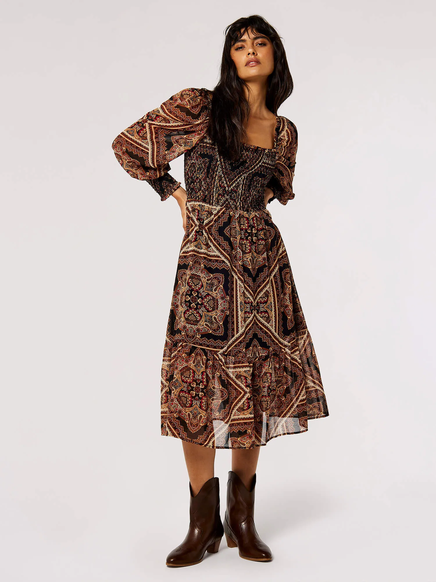 Scarf Print Milkmaid Midi Dress | Apricot Clothing