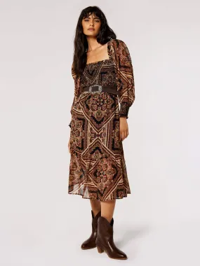 Scarf Print Milkmaid Midi Dress | Apricot Clothing