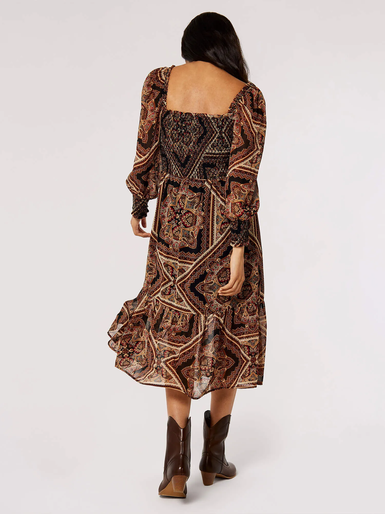 Scarf Print Milkmaid Midi Dress | Apricot Clothing