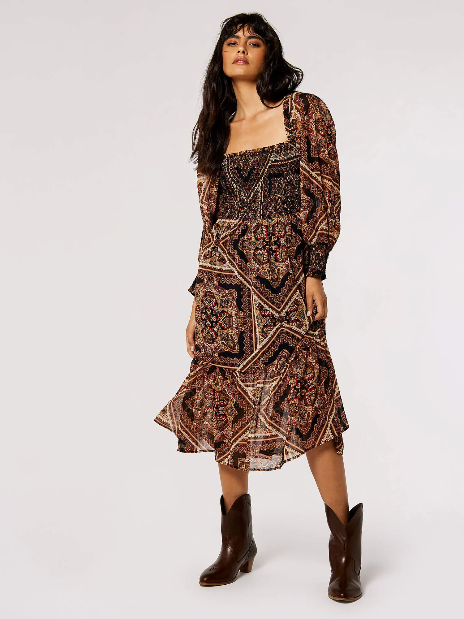 Scarf Print Milkmaid Midi Dress | Apricot Clothing