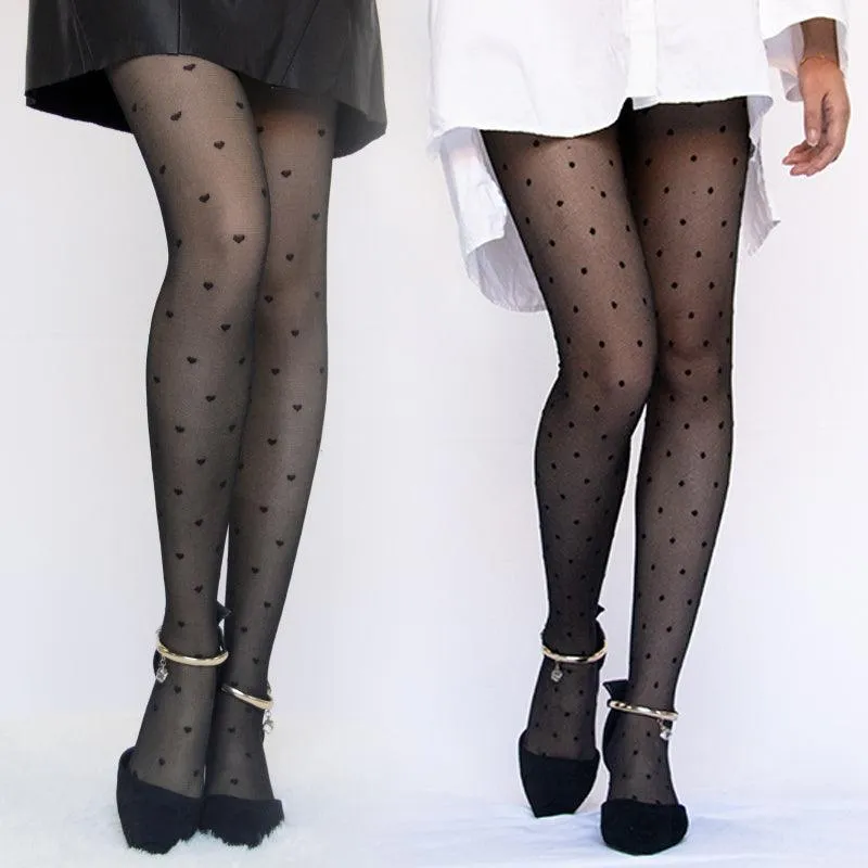 Sexy Pantyhose Summer Nylon Heart Tights with Polka Dot Print Stockings