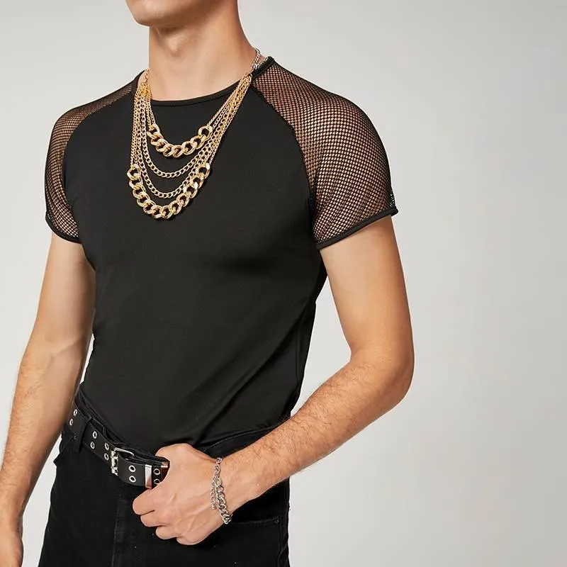 Stay Cool and Edgy with Mesh Patchwork Streetwear Crew Neck Short Sleeve Casual Tops