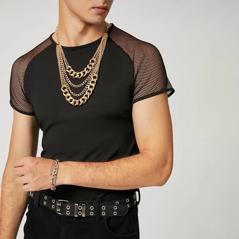 Stay Cool and Edgy with Mesh Patchwork Streetwear Crew Neck Short Sleeve Casual Tops