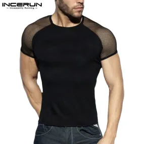 Stay Cool and Edgy with Mesh Patchwork Streetwear Crew Neck Short Sleeve Casual Tops