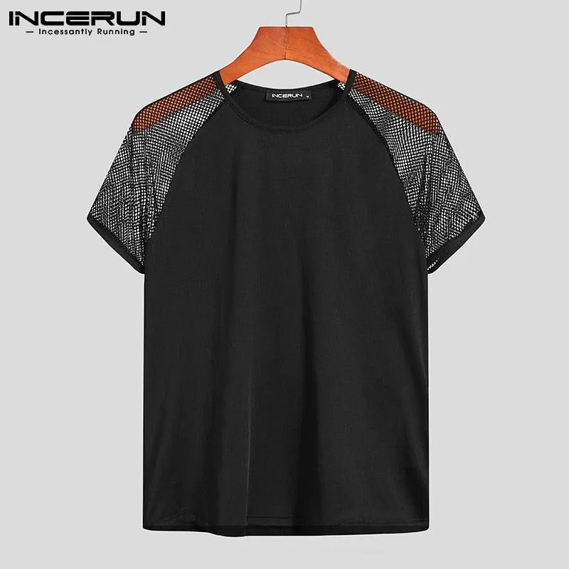 Stay Cool and Edgy with Mesh Patchwork Streetwear Crew Neck Short Sleeve Casual Tops