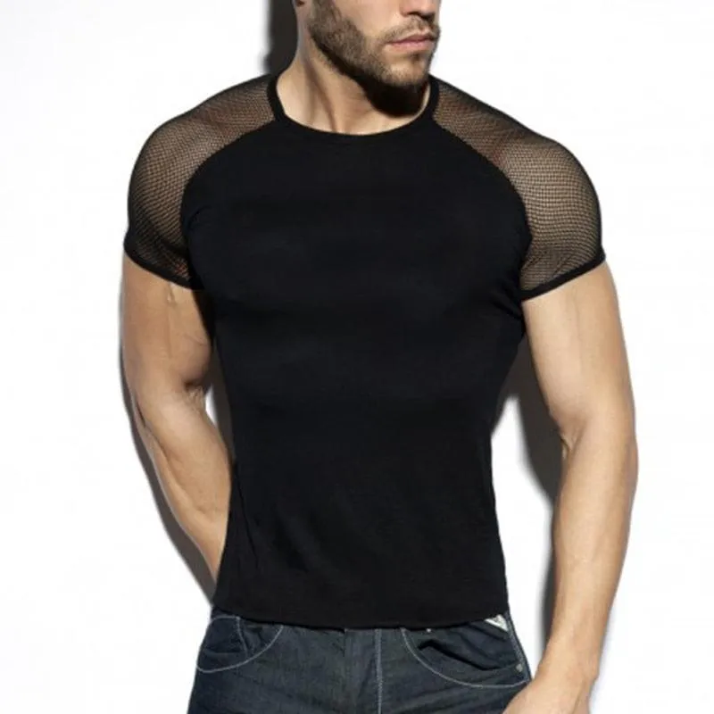 Stay Cool and Edgy with Mesh Patchwork Streetwear Crew Neck Short Sleeve Casual Tops