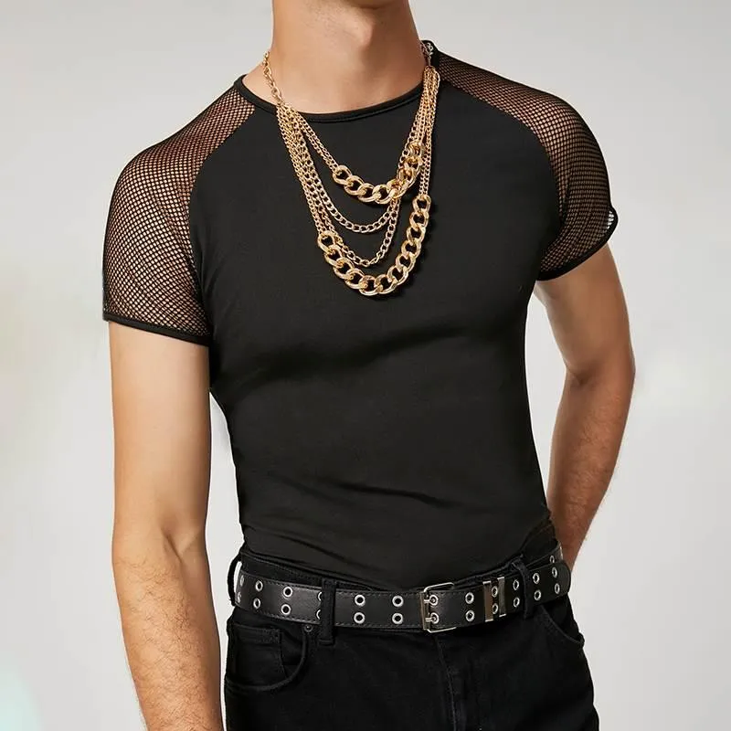 Stay Cool and Edgy with Mesh Patchwork Streetwear Crew Neck Short Sleeve Casual Tops