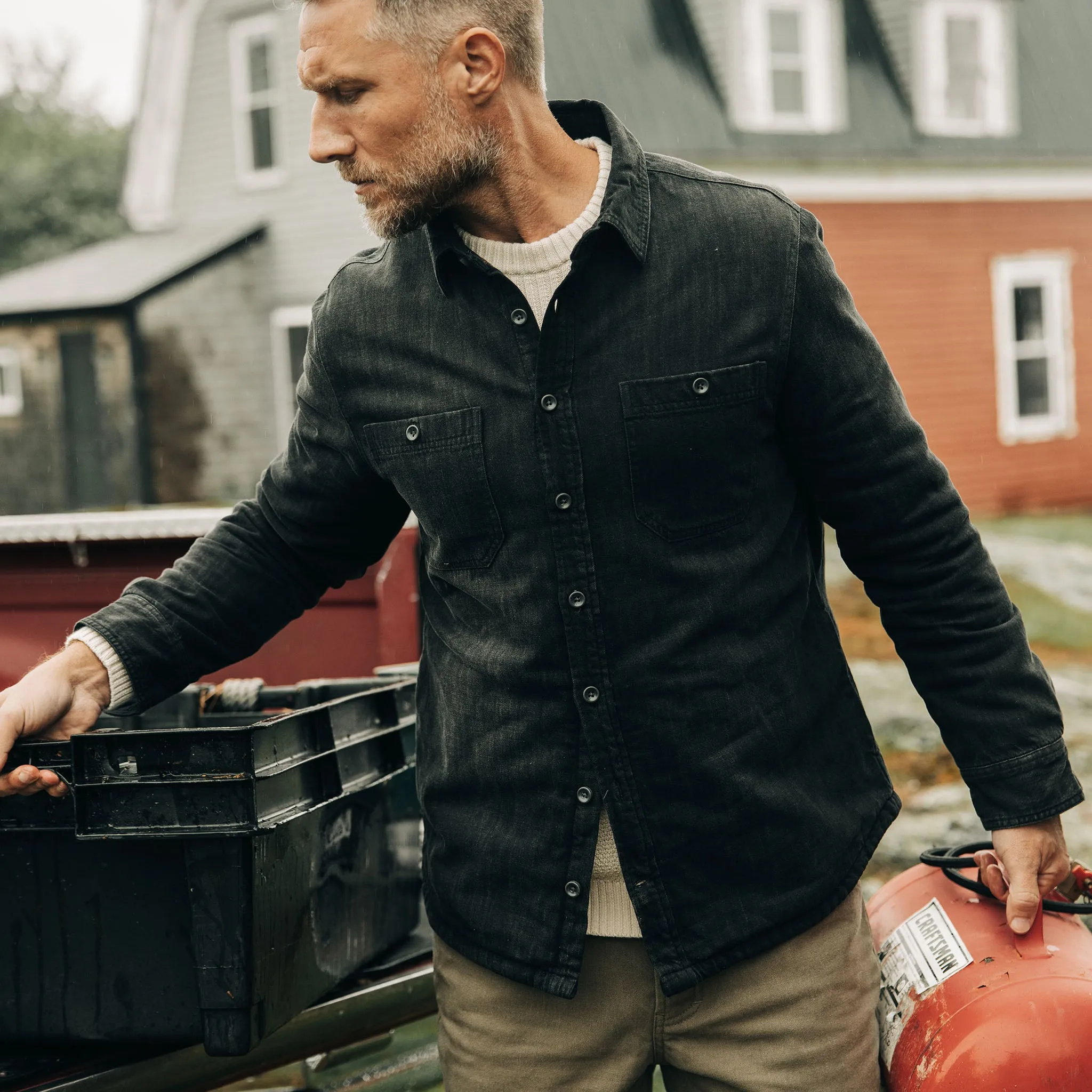 The Lined Utility Shirt in Washed Black Denim