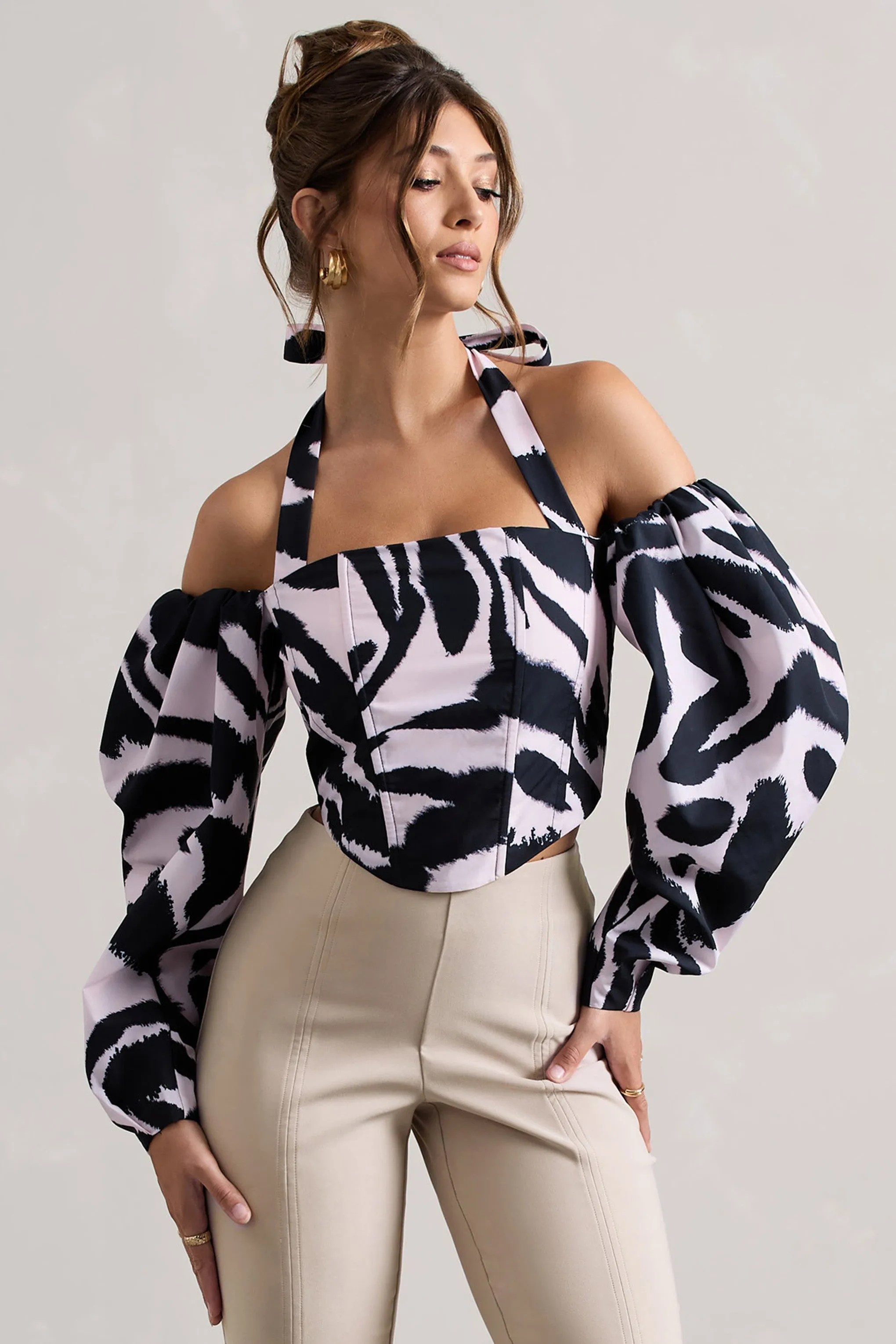 Theatric | Zebra Print Halter-Neck Corset Top With Puff-Sleeves