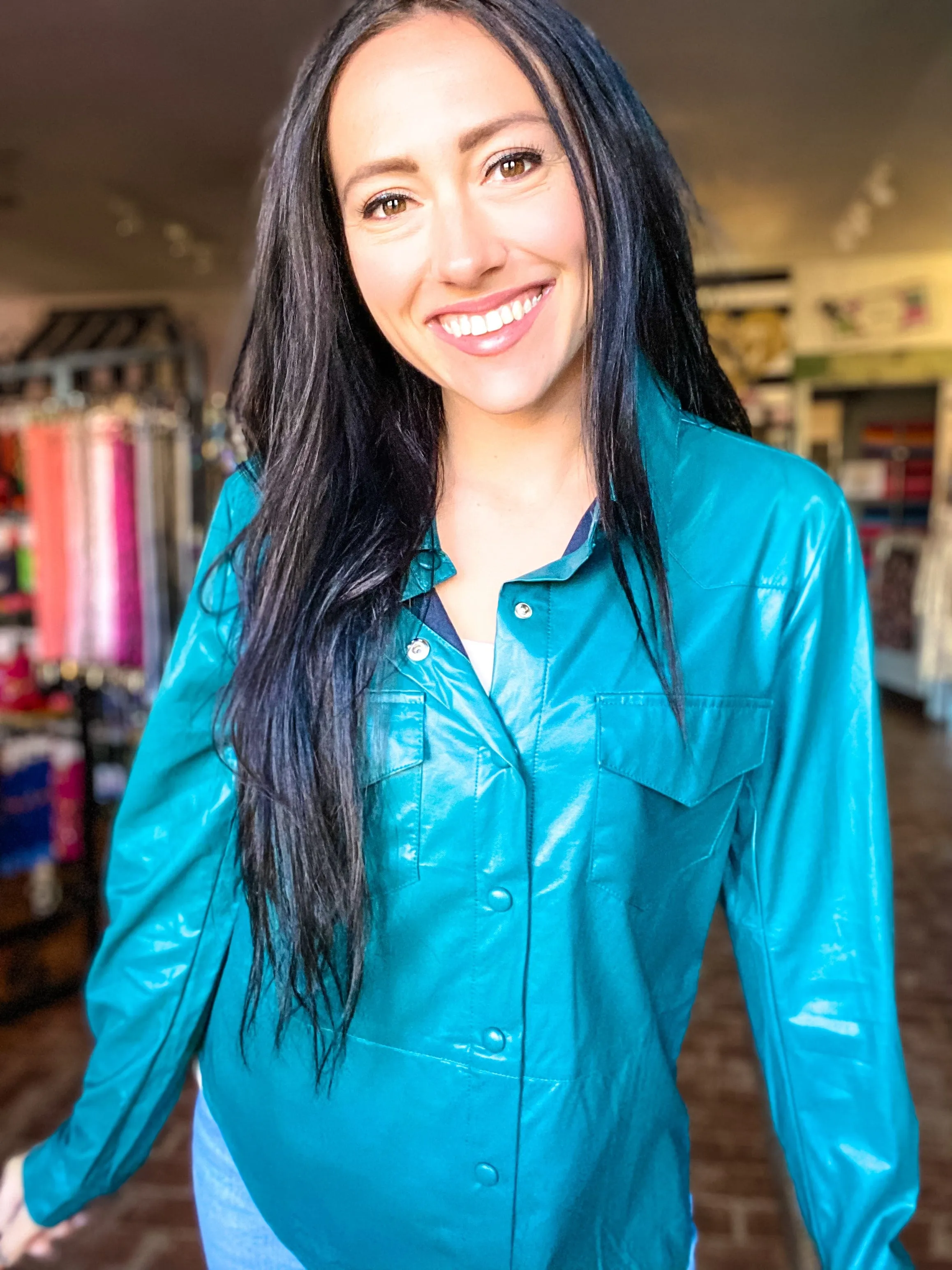 Vegan Leather Button Down-Teal