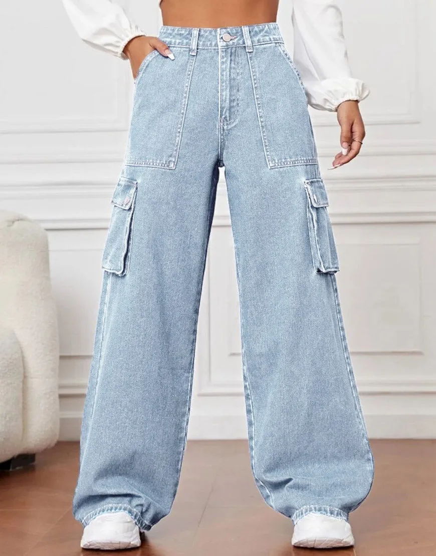 Wide Leg Flap Pocket Cargo Light Wash