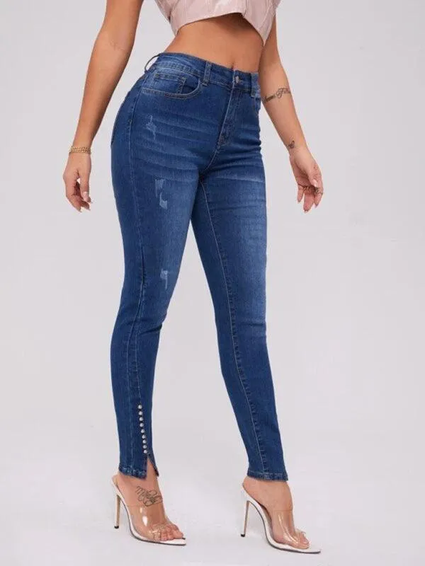 Women Beaded Slit Jeans