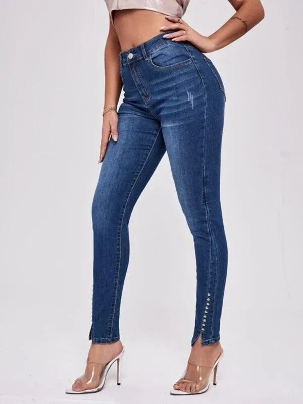 Women Beaded Slit Jeans