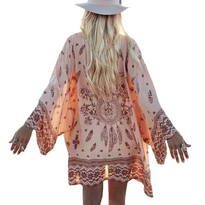 Women Blouses Coat Boho Printed Chiffon Loose Shawl Kimono Cardigan Tops Cover up Outerwear & Coats