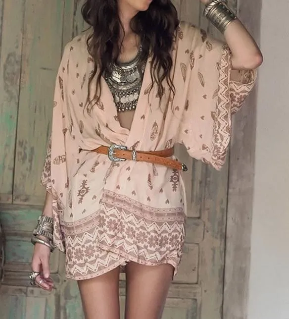 Women Blouses Coat Boho Printed Chiffon Loose Shawl Kimono Cardigan Tops Cover up Outerwear & Coats