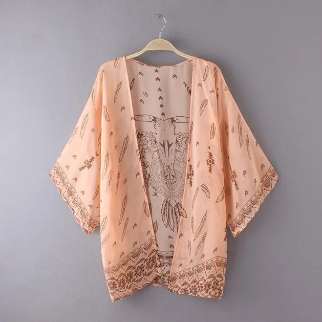 Women Blouses Coat Boho Printed Chiffon Loose Shawl Kimono Cardigan Tops Cover up Outerwear & Coats