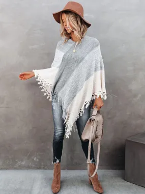 Women's Poncho V-Neck Grey Layered Fringe Cape Spring Outerwear